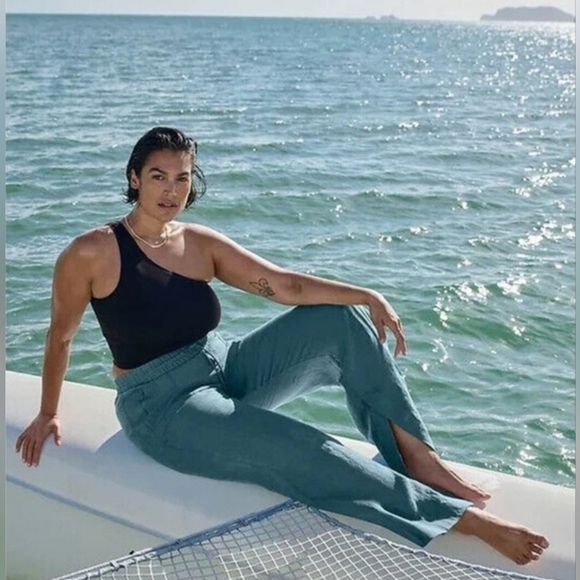 Athleta Retreat Wide Leg Linen Pants Size 14 Borealis Blue Straight Leg Resort - Picture 3 of 14